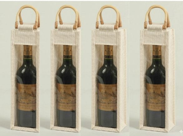 Reusable Burlap Wine Bag Gift Tote – 100% Natural Biodegradable Eco-Friendly Bottle Bag | Durable Organic Jute Wine Carrier for Wine, Champagne, Liquor | Sustainable Packaging- PACK OF 4- WHITE
