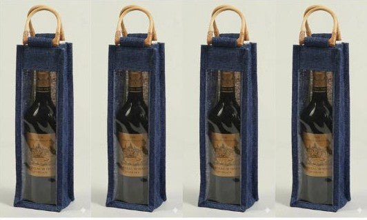 Reusable Burlap Wine Bag Gift Tote – 100% Natural Biodegradable Eco-Friendly Bottle Bag | Durable Organic Jute Wine Carrier for Wine, Champagne, Liquor | Sustainable Packaging- PACK OF 4- BLUE