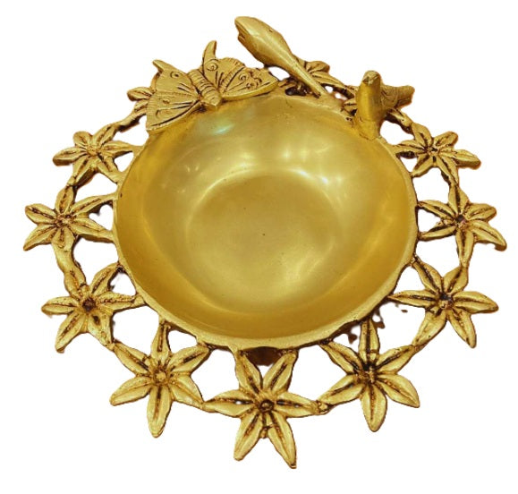 Brass Butterfly Diya Urli Bowl – Handmade Traditional Decorative Urli with Butterfly Design | Floating Candle & Flower Bowl for Home Decor, Pooja, Diwali & Festive Decoration | Premium Brass Handicraft Centerpiece