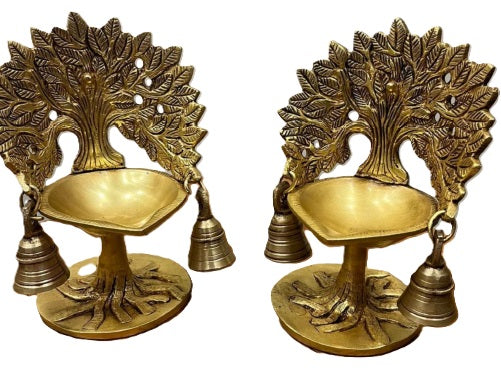 Brass Handicraft Tree of Life Diya Set of 2 | Traditional Handmade Brass Oil Lamps | Decorative Puja Diya for Diwali, Temple & Home Decor | Spiritual Tree of Life Design | Indian Festive Gift