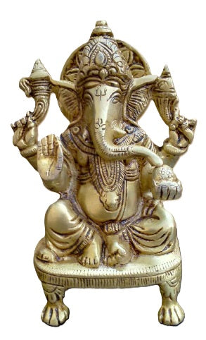 Brass Lord Ganesha Idol Sitting on Decorative Brass Seat | Handmade Hindu God Ganpati Statue for Home Temple, Office, Diwali Decor & Spiritual Gifts | Traditional Indian Brass Handicraft