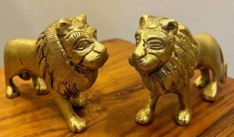 Handcrafted Brass Lion Statue Set of 2 – Large Decorative Lion Figurines | Vintage Indian Brass Handicraft | Royal Home Décor for Living Room, Office, Entrance & Table Display