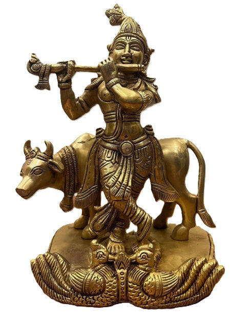 Handcrafted Brass Lord Krishna with Cow Idol – Vintage Hindu God Krishna Murti Statue | Spiritual Home Temple Décor | Indian Handicraft Sculpture for Pooja, Living Room, Office & Festive Gift