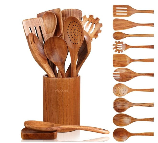Premium Wooden Cooking & Serving Utensil Set with Holder – Natural Hardwood Kitchen Utensils | Non-Stick Safe Spatula, Spoon & Ladle Set | Eco-Friendly Durable Wooden Kitchen Tool Set for Cooking, Stirring & Serving